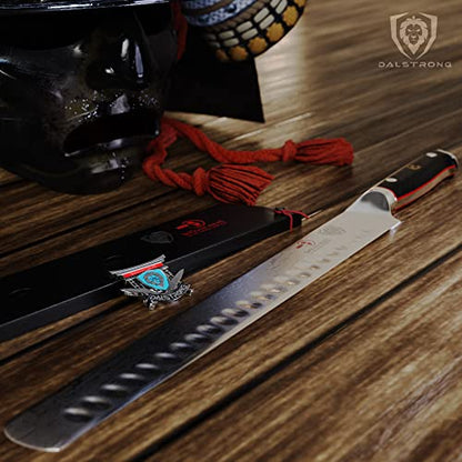 Dalstrong Carving Slicing Knife - 12 inch - Shogun Series ELITE - Granton Edge - Japanese AUS-10V Super Steel Kitchen Knife - Damascus - Vacuum Treated - Slicer Kitchen Knife - Sheath Included - color: Black, size: 12"