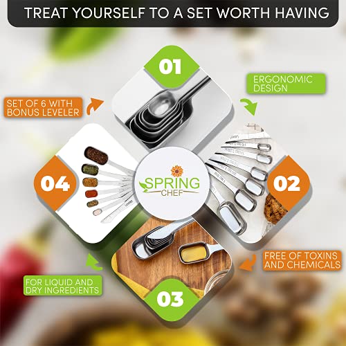 Spring Chef Stainless Steel Measuring Spoons Set of 7 with Leveler, Rectangular Metal Teaspoon & Tablespoon Measuring Spoons for Dry & Liquid Ingredients - Nesting Kitchen Gadgets For Baking & Cooking - style: Spoons - Set of 7