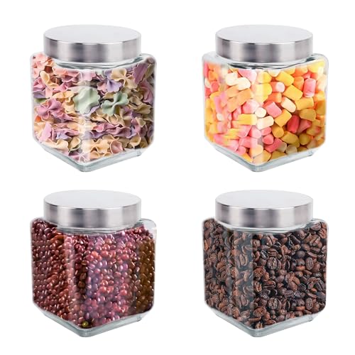 Nsmykhg 37 oz Square Glass Jars with Lids, 4 Pack Glass Canisters with Metal Lids, Clear Wide Mouth Mason Jar Food Storage Jar for Overnight Oats, Coffee, Candy, Kitchen & Bathroom Storage Containers