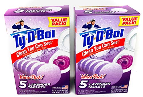 Ty D Bol Toilet Cleaning Tablets with Continuous Clean With Lavender color to deodorize your Toilets for a Fresh Smelling Bathroom 10 tabs (2-5 count packs)
