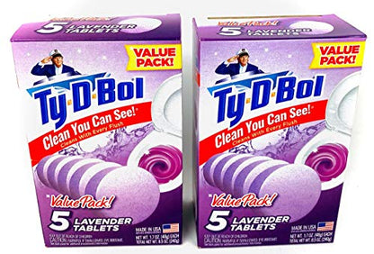 Ty D Bol Toilet Cleaning Tablets with Continuous Clean With Lavender color to deodorize your Toilets for a Fresh Smelling Bathroom 10 tabs (2-5 count packs)