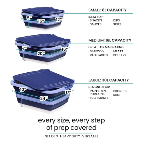 Modern Innovations Collapsible BBQ Prep Tubs, 3 Pack, Blue, Locking Lids | BBQ Marinating Tubs, Cutting Board Lids, Drain Spouts, Small Medium Large, Collapsible, Camping, Tailgating - color: Blue