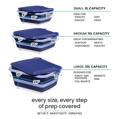 Modern Innovations Collapsible BBQ Prep Tubs, 3 Pack, Blue, Locking Lids | BBQ Marinating Tubs, Cutting Board Lids, Drain Spouts, Small Medium Large, Collapsible, Camping, Tailgating - color: Blue