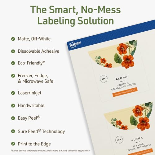 Avery Dissolvable Square Labels, Sure Feed Technology, 2.75" x 2.75", Matte White, Print-to-The-Edge, Laser/Inkjet Printable, 60 Labels Total - style: 60 labels