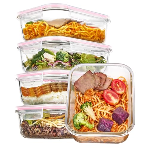 Vtopmart 5 Pack 35oz Glass Food Storage Containers with Lids, Meal Prep Containers, Airtight Reusable Lunch Container Set, Safe for Oven, Microwave, Freezer, and Dishwasher, Pink - color: Pink, size: 35oz