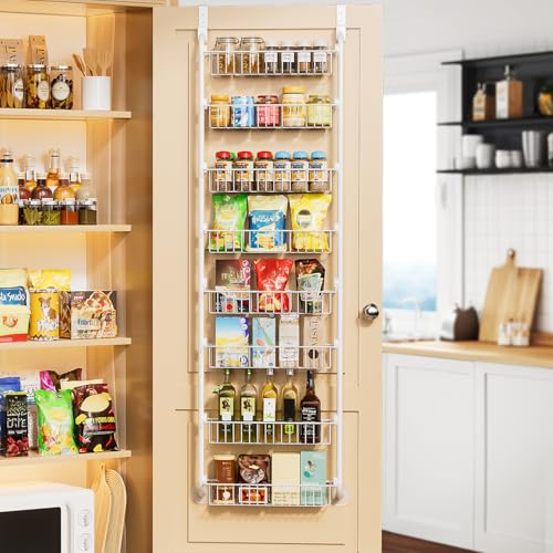 Delamu Over The Door Pantry Organizer, 8-Tier Metal Pantry Door Organization and Storage for Easy Install, Hanging Spice Rack Seasoning Shelves, Door Organizer for Kitchen, 4.65"D x 18"W x 65"H, White - color: White, size: 8 Tier-M