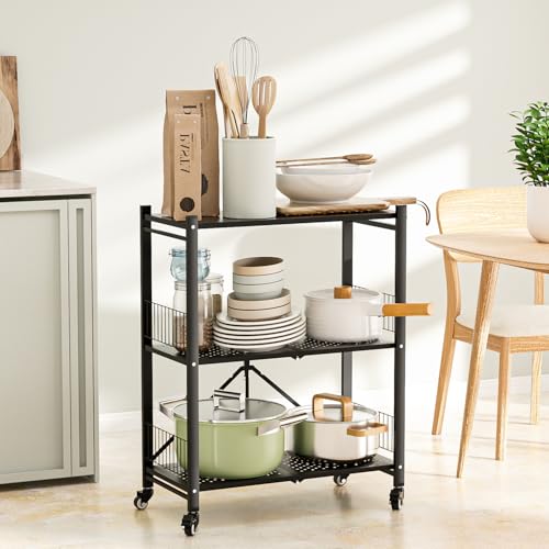 Folding Storage Shelves No Assembly, 3 Tier Metal Foldable Shelves with Wheels, Collapsible Rolling Storage Rack for Laundry Room Garage Small Spaces, Black - color: Black/3-tier