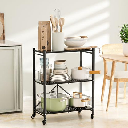 Folding Storage Shelves No Assembly, 3 Tier Metal Foldable Shelves with Wheels, Collapsible Rolling Storage Rack for Laundry Room Garage Small Spaces, Black - color: Black/3-tier
