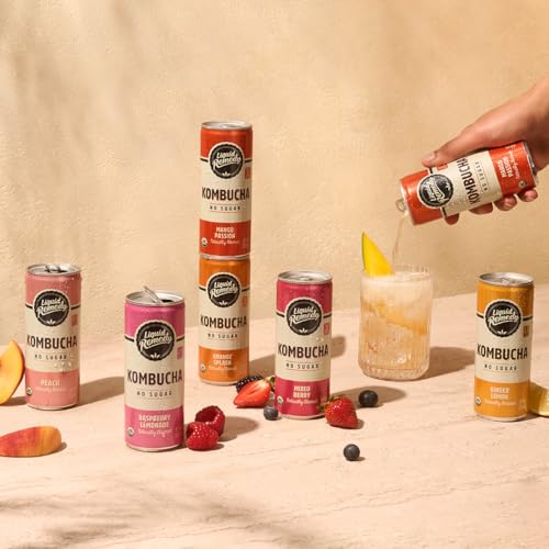 Liquid Remedy Kombucha Sugar Free Organic Drink, Low Calorie, Probiotic Like Tea for Gut Health - Super Sampler Variety Pack - 8.5 Fl Oz Can, 24-Pack