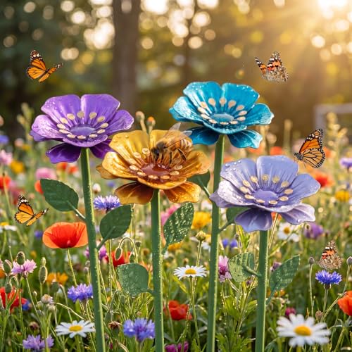 Bee Watering Station, 4 Pack Metal Flower Feeder with Perch for Bees and Butterflies, Yard Stake Butterfly Bee Bath for Garden Patio Outdoor Decor, Unique Gifts for Women Gardener