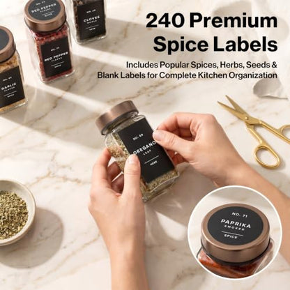 EDELHAUS Glass Spice Jars with Label, 24x Champagne Bronze Steel Lids | Airtight Lids keep spices fresh, Kitchen Spice Drawer Organizer, 4oz Seasoning Containers incl. Funnel, Brush & 240 Labels - color: Champagne Bronze Stainless Steel Lid