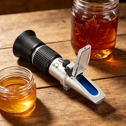 Honey Refractometer Maple Syrup for Brix (58-90%), Moisture (12-27%) and Baume, Accurate Brix Refractomer with ATC, 3-in-1 Sugar Tester for Honey, Maple Syrup, Molasses, Beekeeping Supplies