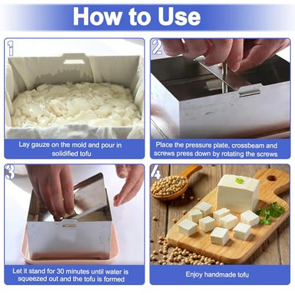 Tofu Press Stainless Steel, SUS304 Paneer Maker with Presser Towel and Drip Tray, Fast Water Removal Enhanced Texture & Flavor,Tofu Maker for 2 Pounds Firm Tofu, Cheese, Paneer