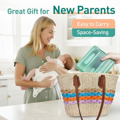 Baby Bottle Brush Set, 6-in-1 Travel Bottle Cleaner Kit with Silicone Bottle Brush, Nipple & Straw Brush, Soap Dispenser, Drying Rack, Storage Box – Compact Baby Travel Essential for Home & On-The-Go - color: Green