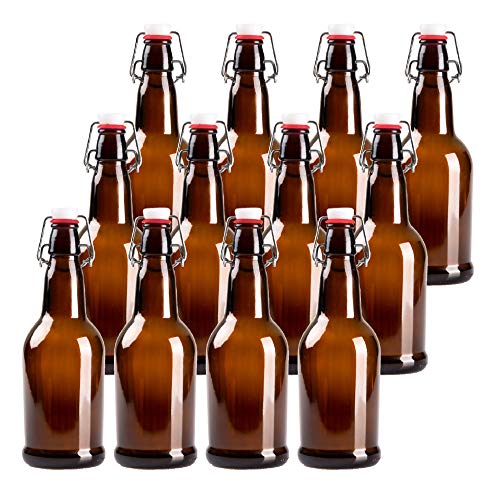 Barcaloo 16oz Amber Glass Beer Bottles for Home Brewing - 12 Pack with Flip Caps - Family Owned American Brand - color: Amber, size: 16oz.