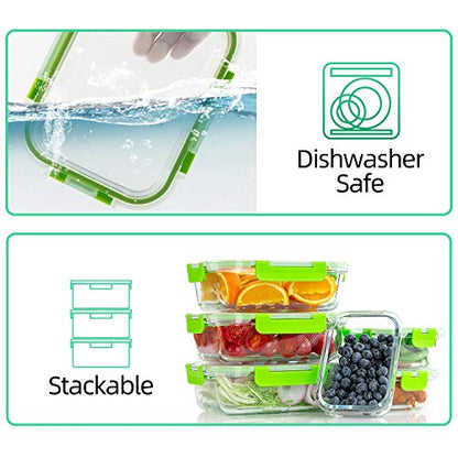 C CREST Glass Containers for Food Storage with Lids, [10-Pack] Meal Prep Containers for Kitchen, Home Use, BPA Free - color: Green