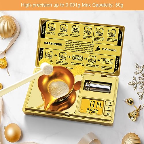 GRAM PRES High Precision Milligram Scale,50g/0.001g Digital Mini Pocket Gram Scale,Mg Scale for Weighing Powders,Jewelry, Medicine, Gem, Reloading,Gold Scale with Cal Weight, Tweezer and Tray - color: GOLD