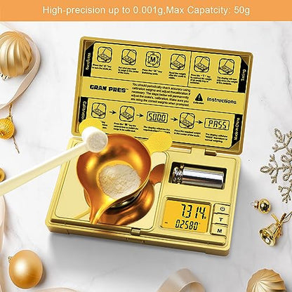 GRAM PRES High Precision Milligram Scale,50g/0.001g Digital Mini Pocket Gram Scale,Mg Scale for Weighing Powders,Jewelry, Medicine, Gem, Reloading,Gold Scale with Cal Weight, Tweezer and Tray - color: GOLD