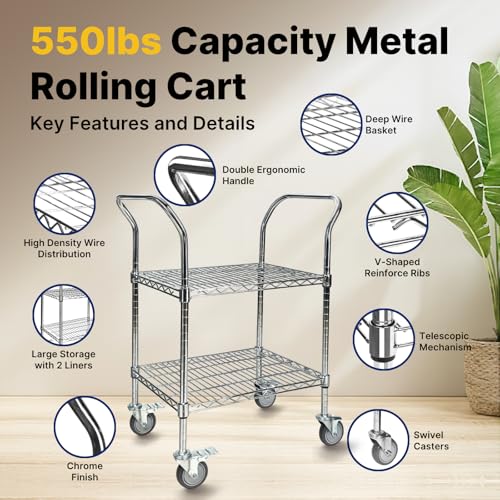 Northsky 2-Shelf Wire Utility Cart on Wheels, Chrome Finish Rolling Metal Shelving with Wheels, 550lb Capacity, 24" x 18" x 38", 2 Tier Rolling Cart for Kitchen Bar Storage Use - size: 24" x 18" x 38"