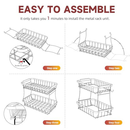 Sevenblue 2-Tier Fruit Basket with Banana Hangers, Detachable Metal Bowl | Wooden handle, protective mats included. Versatile holder for bread, snacks, and veggies. Large 2 tier metal design. - color: Silver, size: 2 Tier