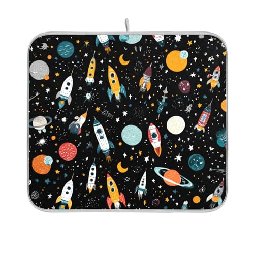 Dish Drying Mat for Kitchen Counter Dish Mat Dish Drainer Mats Kitchen Drying Mat Pad Microfiber Absorbent Reversible 16x18 Inch Black Rockets Space Moons Stars - color: Black Rockets Space Moons Stars, size: 18" x 16"