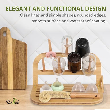 Bamboo Baby Bottle Drying Rack - Space Saving Bottle Dryer & Holder