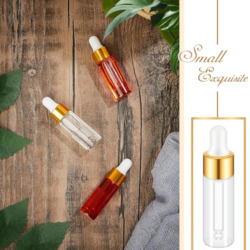 Didaey 200 Pcs 1/2/3/5/10/15 ml Mini Glass Oil Dropper Bottle Bulk, Clear Essential Small Empty Bottles Sample Containers Perfume Liquid Vials with Cap for Traveling (5 ml,Champagne Gold) - color: Champagne Gold, size: 5 ml