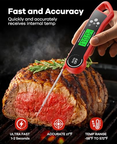 SILVLF Meat Thermometer Digital, Instant Read Thermometer with Backlight, Calibration & Hold Function, Waterproof Food Thermometer for Kitchen and Outside, BBQ,Turkey, Candy, Liquids, Beef - color: red