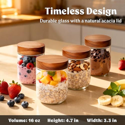 EDELHAUS Overnight Oats Containers with Lids Acacia (4 x 16oz) Glass Jars for Oatmeal, Meal Prep, Food Storage | Leak-Proof Mason Jars for Oats, Cereal, Yogurt, Chia Pudding [Thicker Glass 3mm] - color: Acacia Lid no Spoons