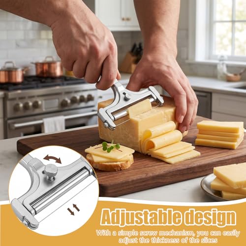 Cheese Slicer, Stainless Steel Cheese Cutter with 4 Extra Replacement Wires, Adjustable Handheld Cheese Slicers Cutters for Block Cheese Cheddar Gruyere Mozzarella, Kitchen Slicing Tools
