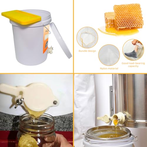 Honey Bucket 5 Gallon Beekeeping Supplies-Honey Gate & Stainless Steel Double Sieve Honey Strainer Honey Filter Bag Uncapping Tank Holder Honey Harvesting Equipment Beekeeping Kit (5 PCS/Set) | Leakproof plastic spigot|Dual stainless filter|Drawstring nyl