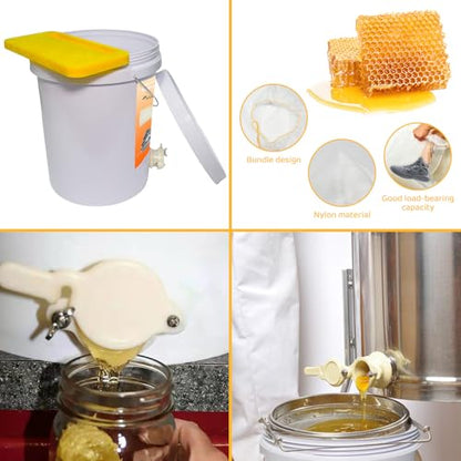 Honey Bucket 5 Gallon Beekeeping Supplies-Honey Gate & Stainless Steel Double Sieve Honey Strainer Honey Filter Bag Uncapping Tank Holder Honey Harvesting Equipment Beekeeping Kit (5 PCS/Set) | Leakproof plastic spigot|Dual stainless filter|Drawstring nyl