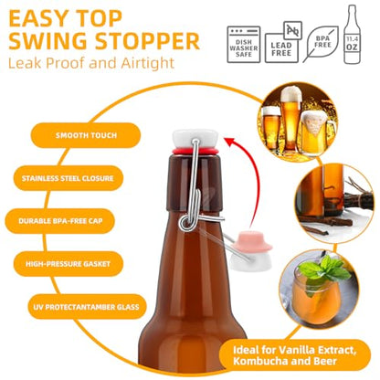 2Pcs Amber Beer Bottles with Flip Caps, 12oz Glass Bottle with Swinging Top for Airtight Lids, Home Brewing and Fermentation Kombucha, Vanilla Extract, Beverage, Water, Kefir