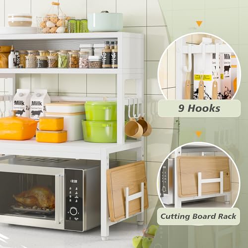 EnHomee 4-Tier Microwave Stand for Kitchen Storage, White | 205 lb Capacity, Adjustable Kitchen Shelves with 9 Hooks & Cutting Board Rack - color: White