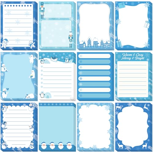 Chiisong 12 Pcs Christmas Sticky Notes Christmas Design Self Adhesive Note Pads Winter Snowflake Sticky Memo Blue Cartoon Snowman Penguin Notepad for Xmas Gift Office Home Supplies Present - style: Blue Christmas