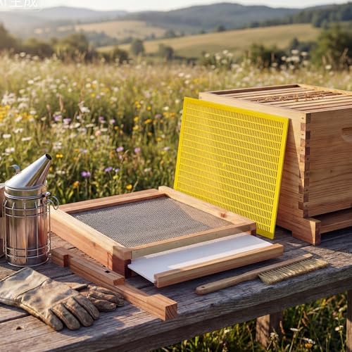 Beeveer 3 Pcs Beehive Parts Kit for 10 Frame Bee Hive, Beehive Screened Bottom Board with Entrance Reducer and Plastic Queen Excluder for Beekeeping Supplies(Yellow) - color: Yellow