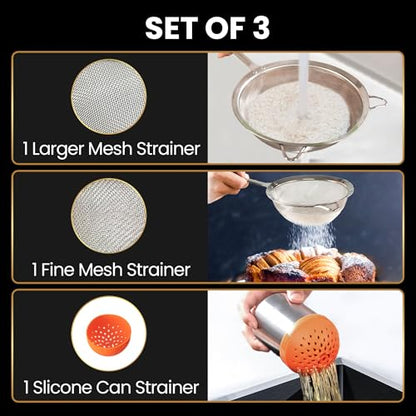 Stainless Steel Fine Mesh Strainer Set, Colander Set with 1 Large Flour Sifter (Sturdy Handle), 1 Small Mesh Sieve for Pasta & Rice, 1 Silicone Can Strainer – Durable, Dishwasher Safe, 5-Year Warranty