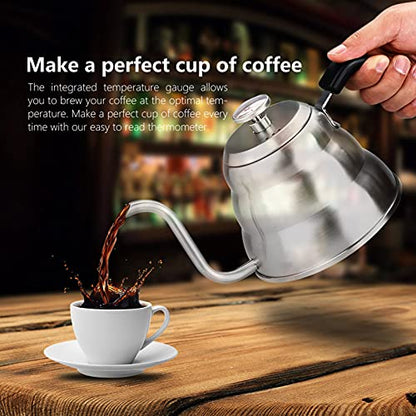 Pour over Coffee Kettle, Gooseneck Kettle, 304 Stainless Steel Coffee Gooseneck Kettle with Thermometer Easy Pour Teapot for Home Brewing(1.2L-White)