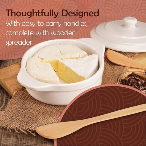 Muldale Brie Baker with Lid and Spreader - Camembert Baker Crock in White | Free from Lead Ceramic Baking Dish - 5.5” - Fits Standard Camembert Wheel - color: White