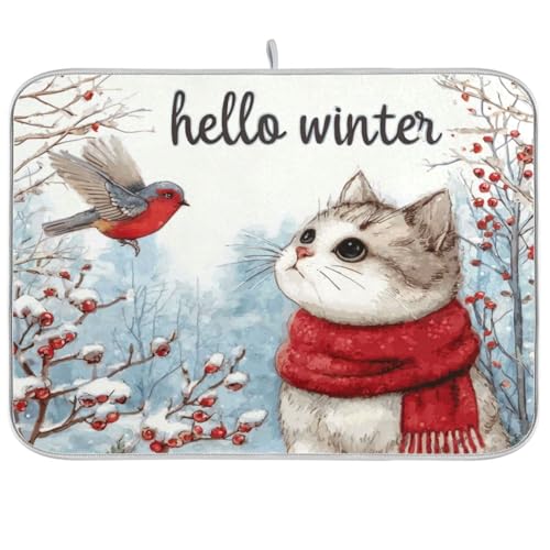 Kcldeci Cat Winter Dish Drying Mat Kitchen Counter Mat Draining Mat Kitchen Accessories Dish Rack Pad for Dishes, Utensils, Countertops, Sinks 18x24in - color: Cat, size: 18x24in