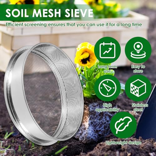 3Pcs Stainless Steel Garden Soil Sieve, 9.8" 7.9" 5.9" Stackable Soil Sifter Set,Gardening Soil Sifters Practical, Compost Sifter Compact Rock Sifter for Gardening