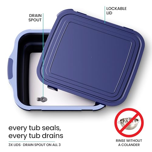 Modern Innovations Collapsible BBQ Prep Tubs, 3 Pack, Blue, Locking Lids | BBQ Marinating Tubs, Cutting Board Lids, Drain Spouts, Small Medium Large, Collapsible, Camping, Tailgating - color: Blue