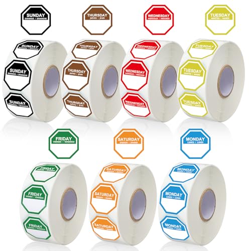Sayglossy 7000 Pcs Day of Week Label Food Label Monday Through Sunday Management Inventory Sticker Removable Weekly Self Adhesive Date Dot Sticker for Restaurant Kitchen Container (Octagon) - style: Octagon