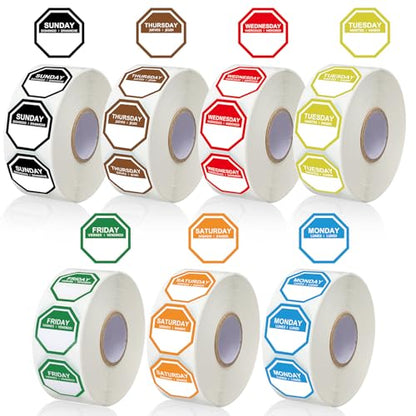 Sayglossy 7000 Pcs Day of Week Label Food Label Monday Through Sunday Management Inventory Sticker Removable Weekly Self Adhesive Date Dot Sticker for Restaurant Kitchen Container (Octagon) - style: Octagon