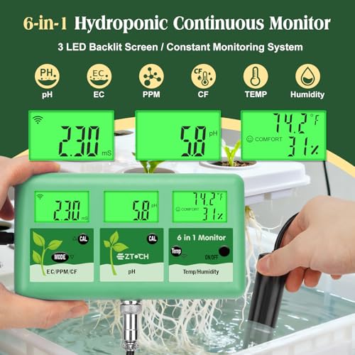 pH EC Continuous Monitor for Hydroponic, WiFi EC PPM CF pH Meter | 6 in 1 , Digital, pH TDS Temp Humidity Conductivity Monitor, for DWC Hydroponic System, Aeroponic Gardening, Aquaponic