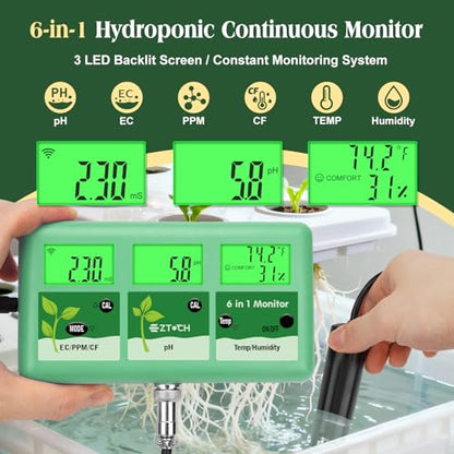 pH EC Continuous Monitor for Hydroponic, WiFi EC PPM CF pH Meter | 6 in 1 , Digital, pH TDS Temp Humidity Conductivity Monitor, for DWC Hydroponic System, Aeroponic Gardening, Aquaponic