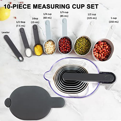 18-Pc Magnetic Measuring Cups and Spoons Set, with Lid, White | Includes 1 cover, 9 stackable cups set & 8 magnetic spoons, BPA-free & dishwasher safe, for liquid and dry baking - color: 18 Piece - White