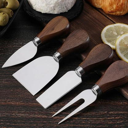 Linwnil 4-Piece Set of Stainless Steel Cheese Knives with Wood Hand, Including Cheese Slicer and Cheese Cutters, Essential Cheese Tools for the Kitchen (Walnut handle, Silver) - color: Silver