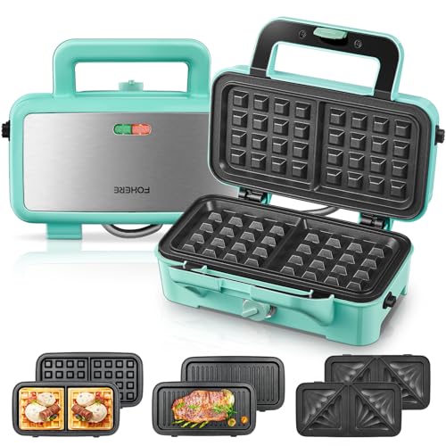 FOHERE Waffle Maker 3 in 1 Sandwich Maker 1200W Panini Press With Removable Plates and 5-gear Temperature Control, Non-stick Coating Easy to Clean,Indicator Lights, Blue - color: Light blue