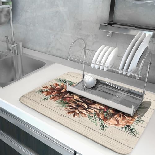 Winter Pine Cone Dish Drying Mat Holly Berries Dish Draining Mat Microfiber Washable Dish Drainer Rack Mat for Home Kitchen Counter 18"x24" - color: Winter Pine Cone, size: 18" x 18"